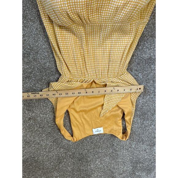 Everly Gingham yellow white checkered plaid knot tie tiered dress short SZ SM - Picture 8 of 8